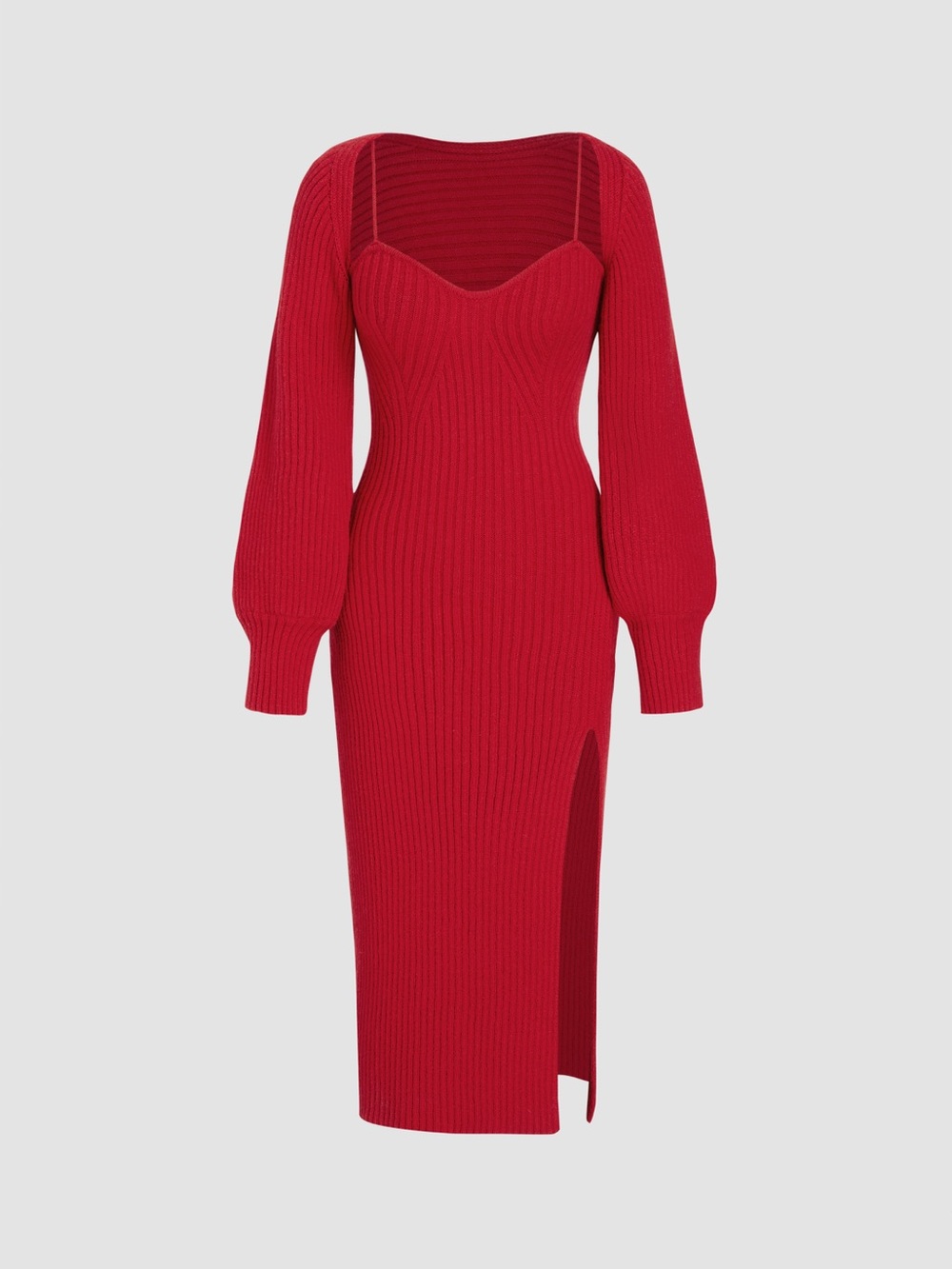 Red Ribbed Knit Midi Dress with Sweetheart Neckline